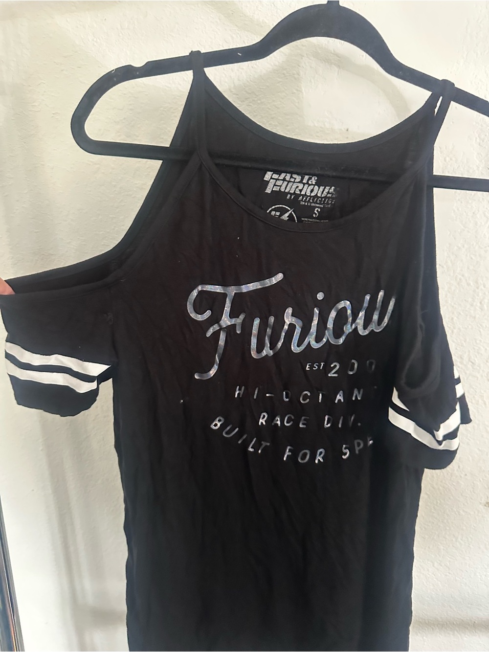Affliction Black Cold-Shoulder 'Furious' Graphic Top with White Stripes